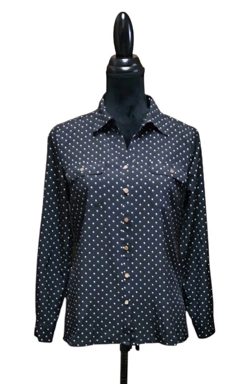 Notations Long Sleeve Button Blouse Top Black Polka Dot Women's Petite Medium M